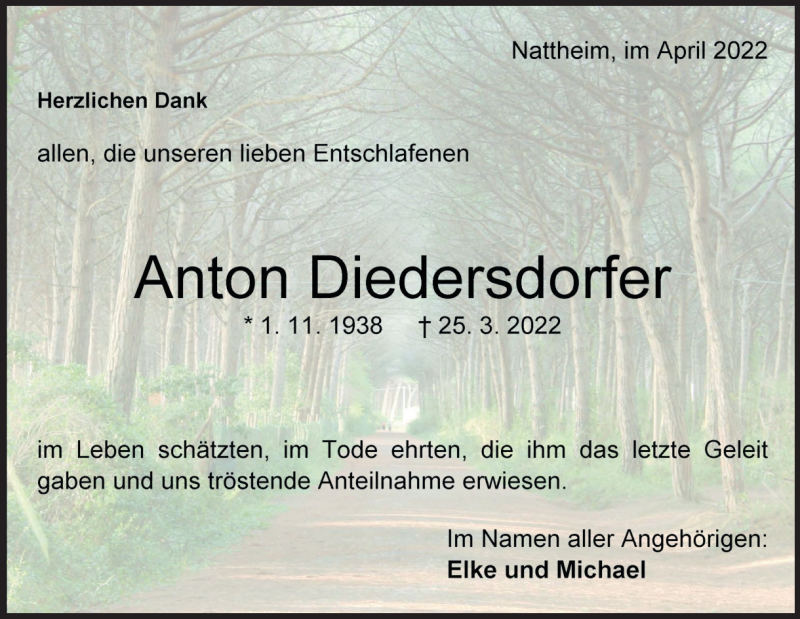  Traueranzeige für Anton Diedersdorfer vom 22.04.2022 aus Heidenheimer Zeitung