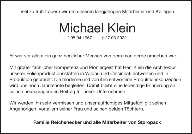  Traueranzeige für Michael Klein vom 02.04.2022 aus Heidenheimer Zeitung