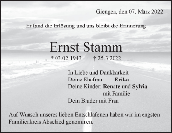 Traueranzeige von Ernst Stamm von Heidenheimer Zeitung