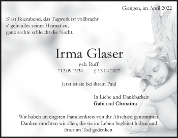 Traueranzeige von Irma Glaser von Heidenheimer Zeitung
