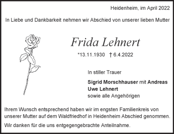 Traueranzeige von Frida Lehnert von Heidenheimer Zeitung