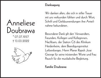 Traueranzeige von Anneliese Doubrawa von Heidenheimer Zeitung