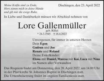 Traueranzeige von Lore Gallenmüller von Heidenheimer Zeitung