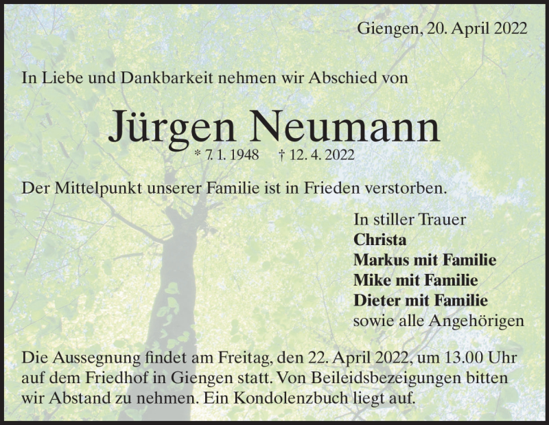  Traueranzeige für Jürgen Neumann vom 20.04.2022 aus Heidenheimer Zeitung