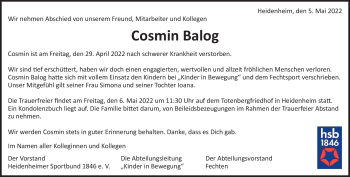 Traueranzeige von Cosmin Balog von Heidenheimer Zeitung