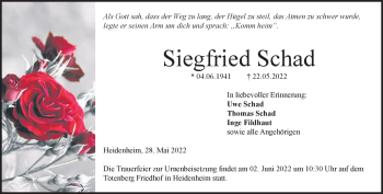 Traueranzeige von Siegfried Schad von Heidenheimer Zeitung