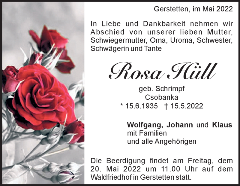  Traueranzeige für Rosa Hüll vom 18.05.2022 aus Heidenheimer Zeitung