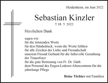 Traueranzeige von Sebastian Kinzler von Heidenheimer Zeitung