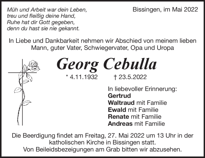  Traueranzeige für Georg Cebulla vom 25.05.2022 aus Heidenheimer Zeitung