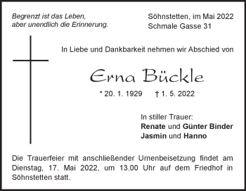 Traueranzeige von Erna Bückle von Heidenheimer Zeitung