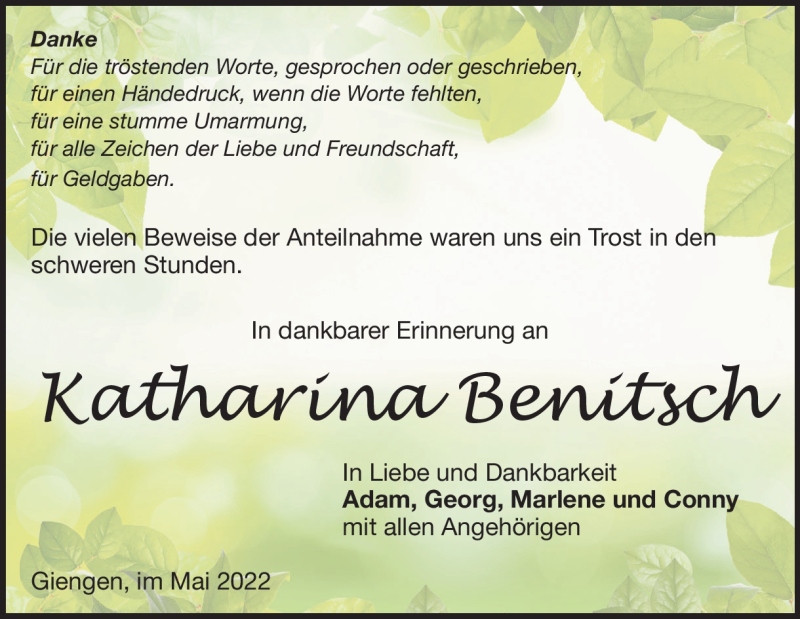 Traueranzeige für Katharina Benitsch vom 11.05.2022 aus Heidenheimer Zeitung