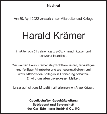 Traueranzeige von Harald Krämer von Heidenheimer Zeitung