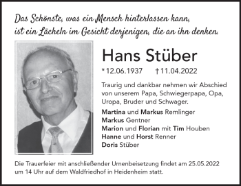 Traueranzeige von Hans Stüber von Heidenheimer Zeitung