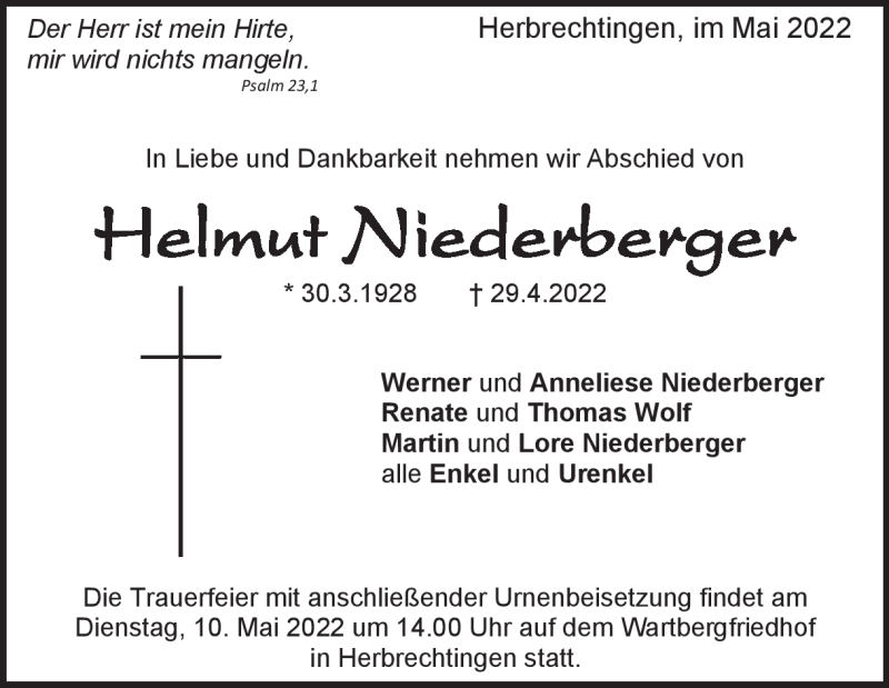  Traueranzeige für Helmut Niederberger vom 03.05.2022 aus Heidenheimer Zeitung
