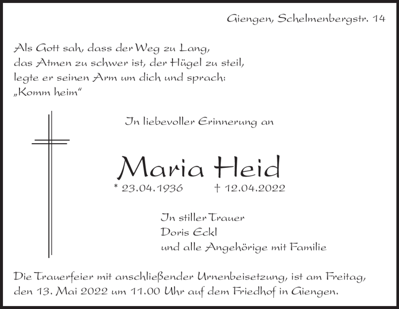  Traueranzeige für Maria Heid vom 09.05.2022 aus Heidenheimer Zeitung