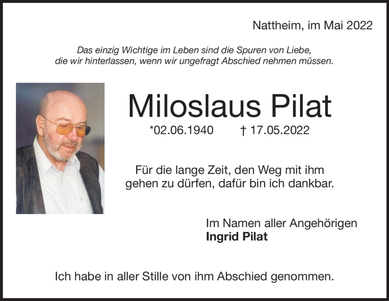  Traueranzeige für Miloslaus Pilat vom 28.05.2022 aus Heidenheimer Zeitung