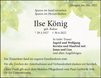 Traueranzeige von Ilse König von Heidenheimer Zeitung