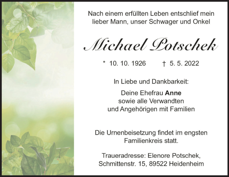  Traueranzeige für Michael Potschek vom 11.05.2022 aus Heidenheimer Zeitung