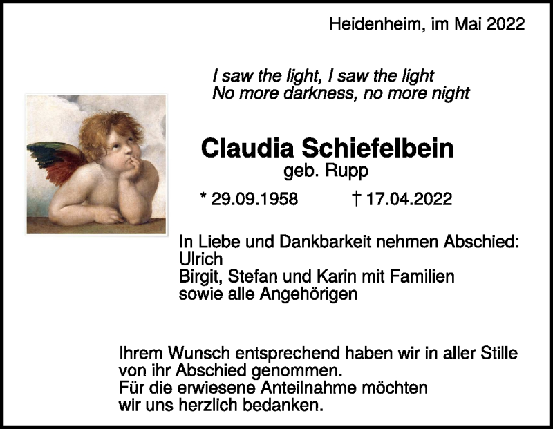  Traueranzeige für Claudia Schiefelbein vom 12.05.2022 aus Heidenheimer Zeitung