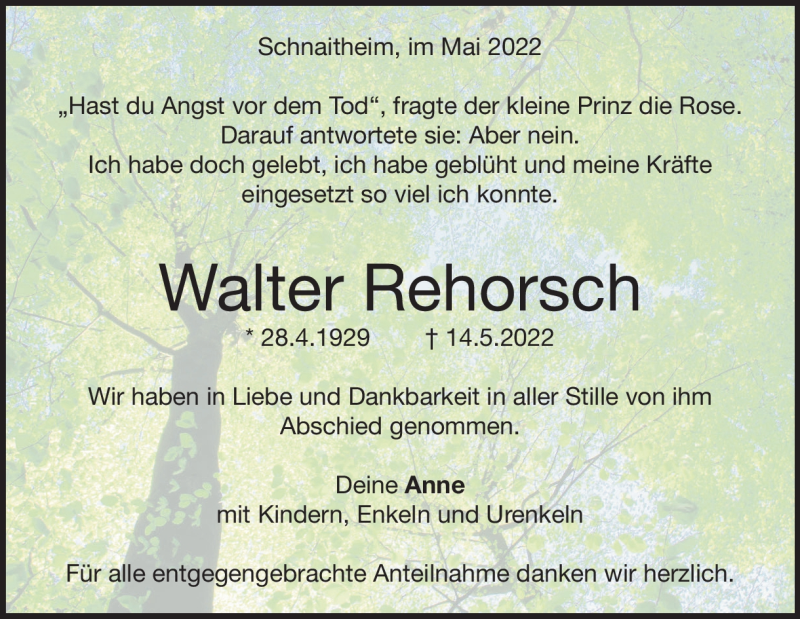  Traueranzeige für Walter Rehorsch vom 24.05.2022 aus Heidenheimer Zeitung