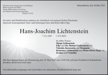 Traueranzeige von Hans Lichtenstein von Heidenheimer Zeitung