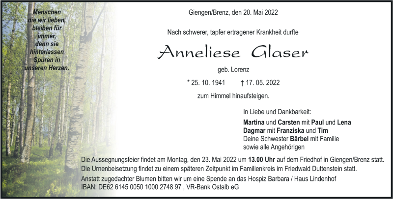  Traueranzeige für Anneliese Glaser vom 20.05.2022 aus Heidenheimer Zeitung