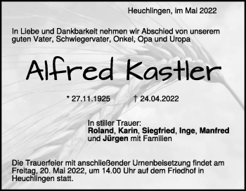 Traueranzeige von Alfred Kastler von Heidenheimer Zeitung