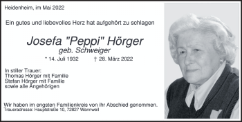 Traueranzeige von Josefa 