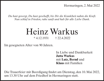 Traueranzeige von Heinz Warkus von Heidenheimer Zeitung