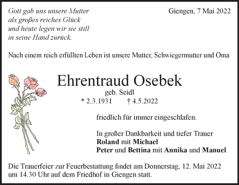  Traueranzeige für Ehrentraud Osebek vom 07.05.2022 aus Heidenheimer Zeitung
