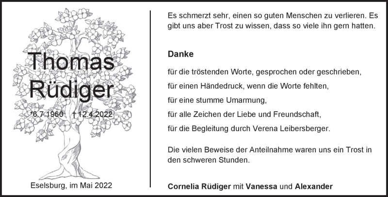  Traueranzeige für Thomas Rüdiger vom 14.05.2022 aus Heidenheimer Zeitung