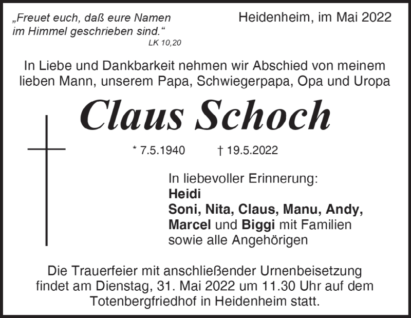  Traueranzeige für Claus Schoch vom 25.05.2022 aus Heidenheimer Zeitung