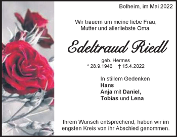 Traueranzeige von Edeltraud Riedl von Heidenheimer Zeitung
