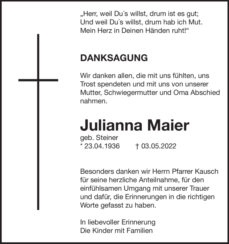  Traueranzeige für Julianna Maier vom 14.05.2022 aus Heidenheimer Zeitung