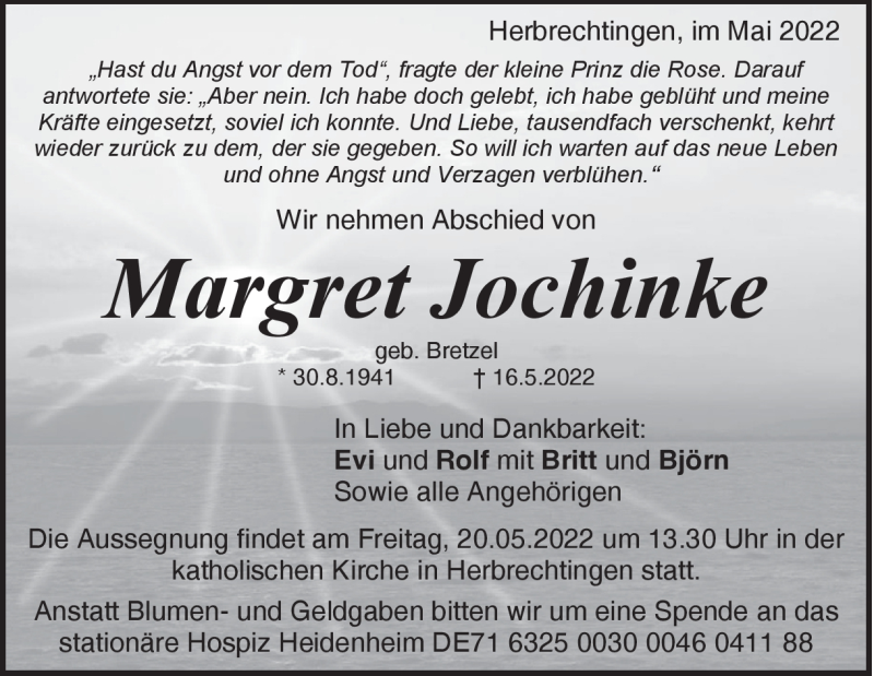  Traueranzeige für Margret Jochinke vom 18.05.2022 aus Heidenheimer Zeitung