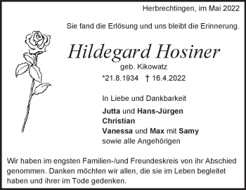 Traueranzeige von Hildegard Hosiner von Heidenheimer Zeitung