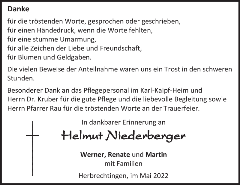  Traueranzeige für Helmut Niederberger vom 14.05.2022 aus Heidenheimer Zeitung