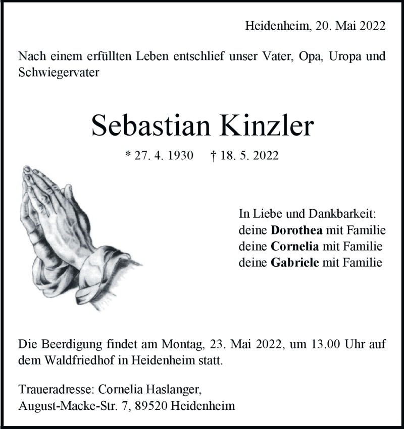 Traueranzeige für Sebastian Kinzler vom 20.05.2022 aus Heidenheimer Zeitung
