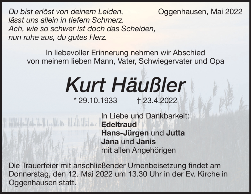  Traueranzeige für Kurt Häußler vom 07.05.2022 aus Heidenheimer Zeitung