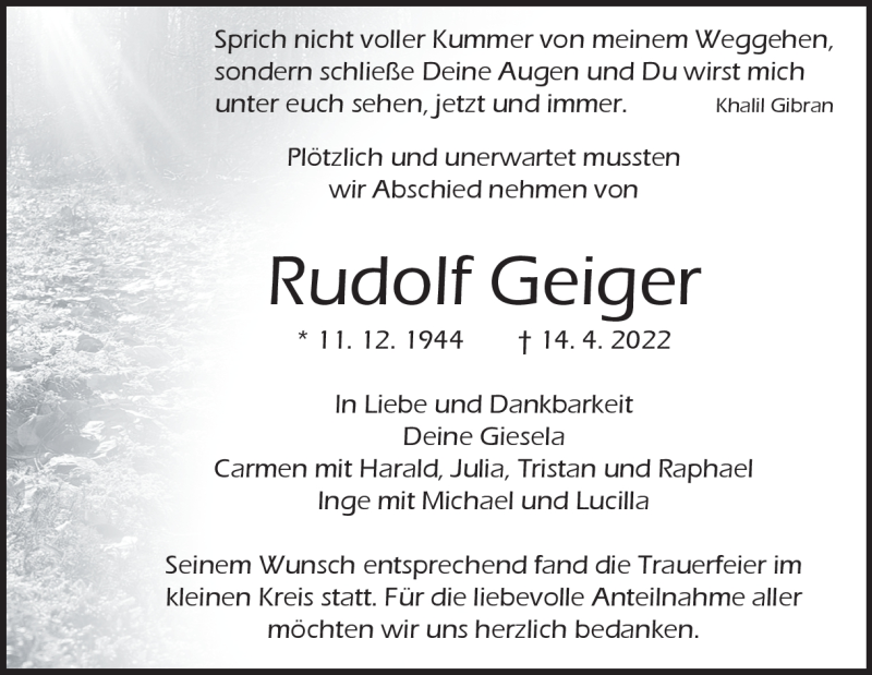  Traueranzeige für Rudolf Geiger vom 02.05.2022 aus Heidenheimer Zeitung