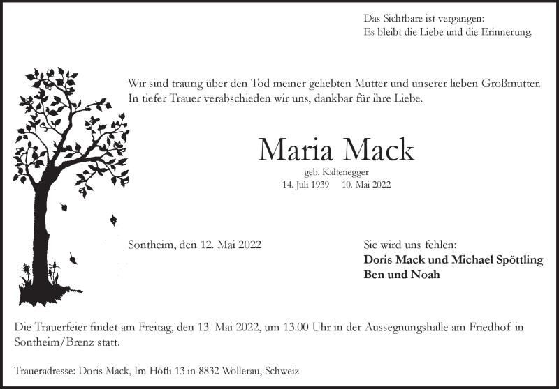  Traueranzeige für Maria Mack vom 12.05.2022 aus Heidenheimer Zeitung