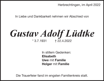 Traueranzeige von Gustav Lüdtke von Heidenheimer Zeitung