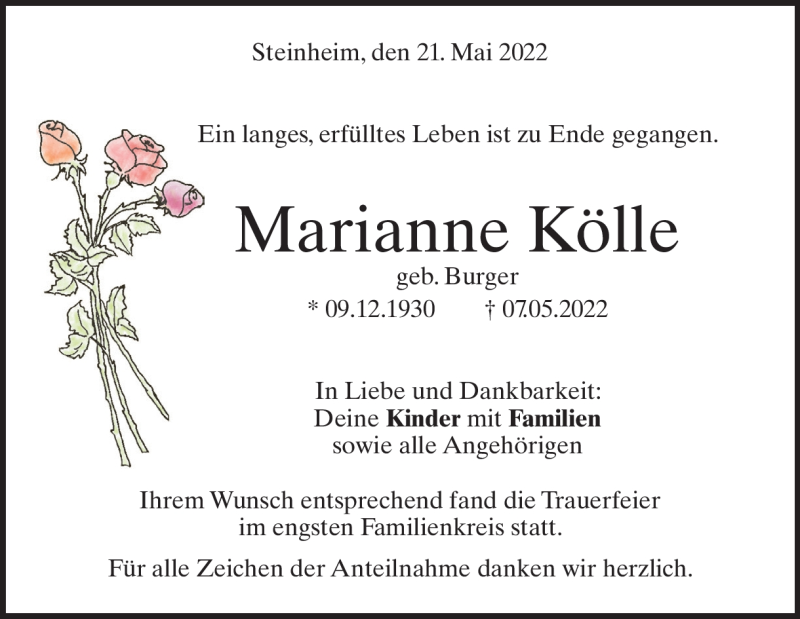  Traueranzeige für Marianne Kölle vom 21.05.2022 aus Heidenheimer Zeitung