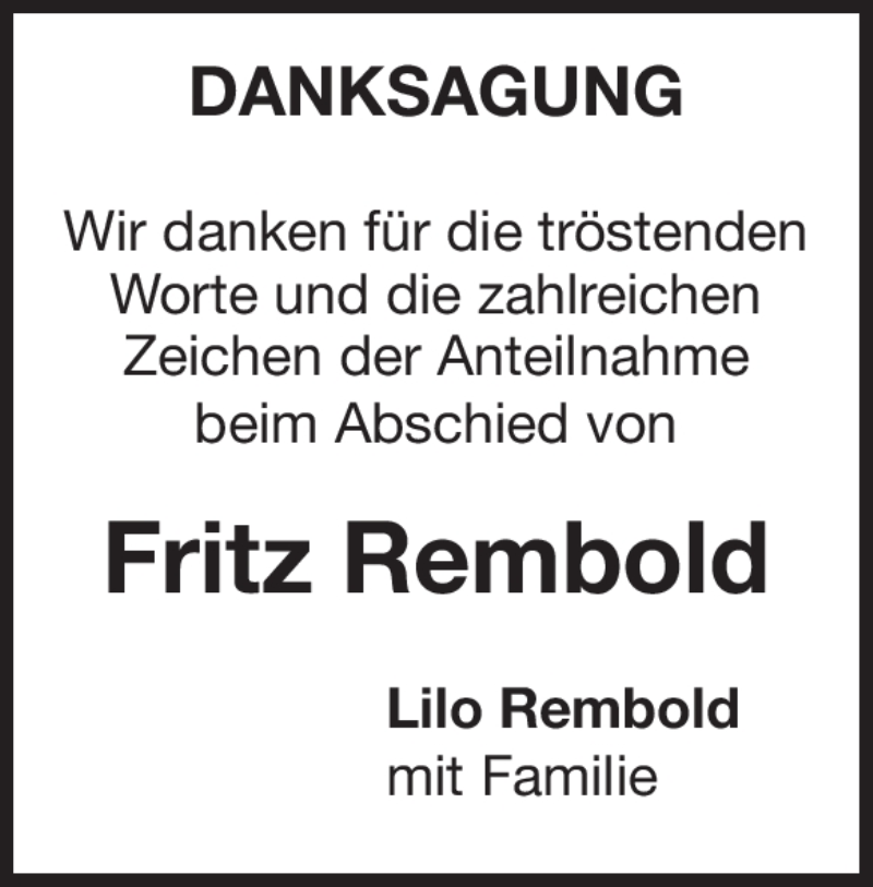  Traueranzeige für Fritz Rembold vom 14.05.2022 aus Heidenheimer Zeitung