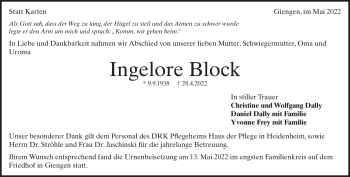 Traueranzeige von Ingelore Block von Heidenheimer Zeitung