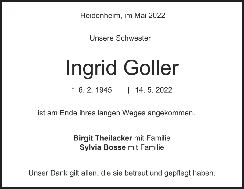  Traueranzeige für Ingrid Goller vom 18.05.2022 aus Heidenheimer Zeitung