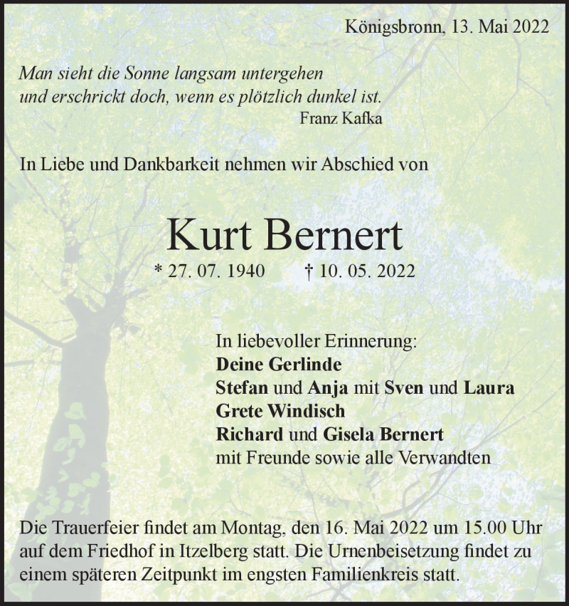  Traueranzeige für Kurt Bernert vom 13.05.2022 aus Heidenheimer Zeitung