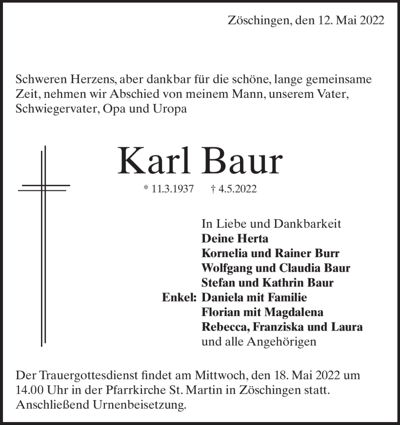  Traueranzeige für Karl Baur vom 12.05.2022 aus Heidenheimer Zeitung