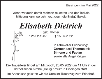 Traueranzeige von Elisabeth Dietrich von Heidenheimer Zeitung