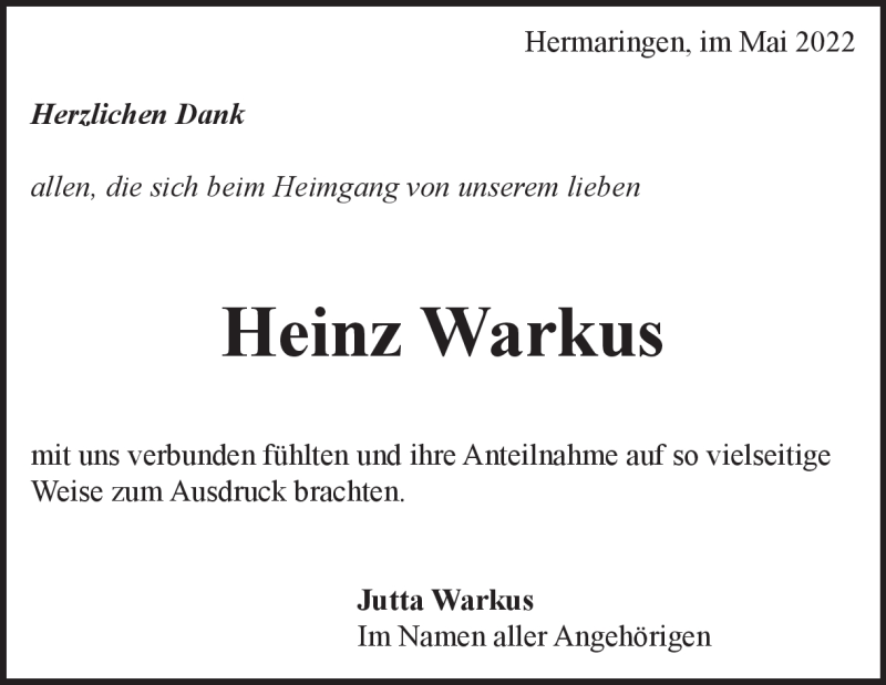  Traueranzeige für Heinz Warkus vom 12.05.2022 aus Heidenheimer Zeitung